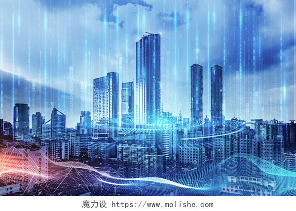 蓝色科技城市线条大数据商务背景